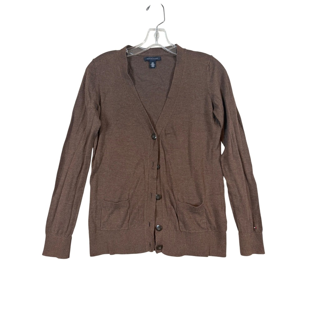 Tommy Hilfiger Womens Brown V-Neck Button Front Cardigan Sweater Sz S P Layering